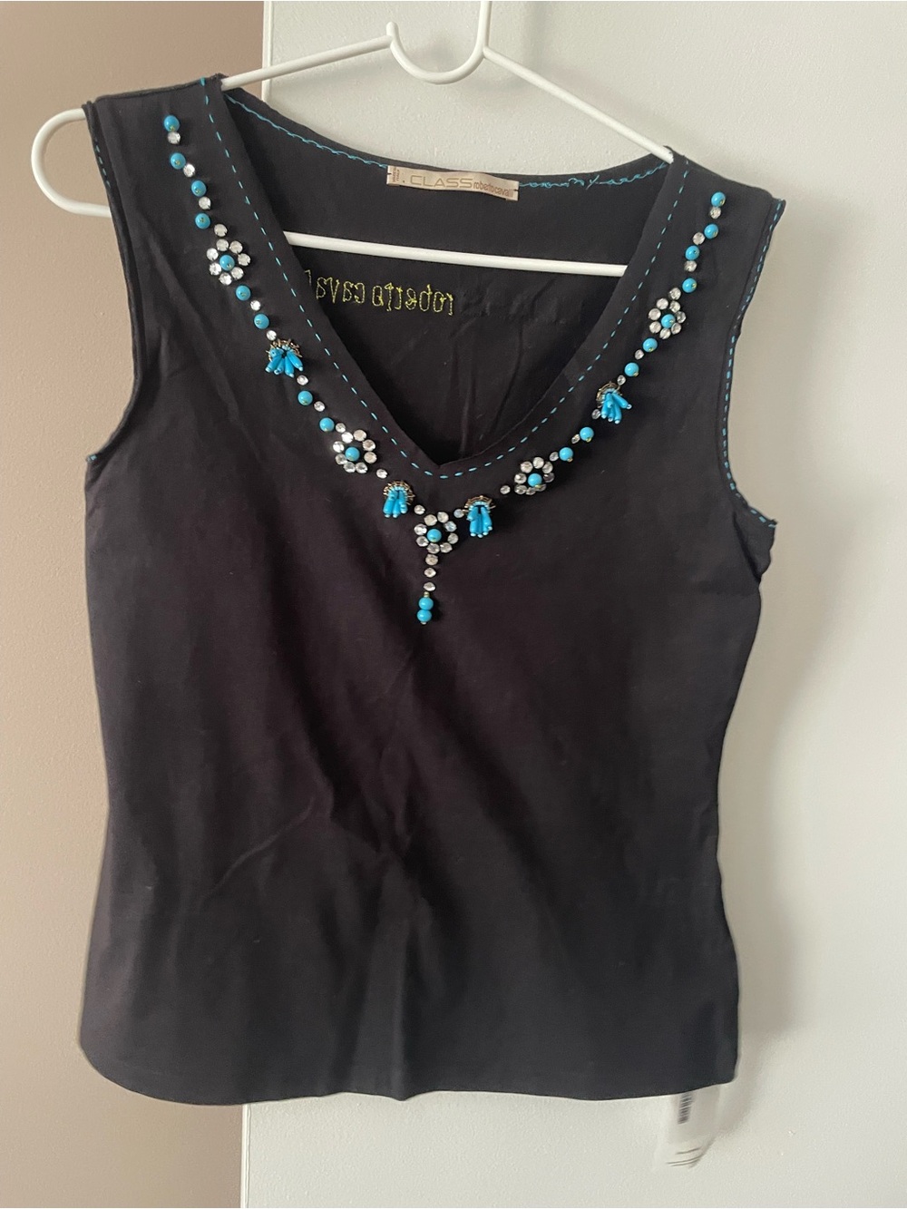 Cavalli Class Black V-Neck Tank with Turquoise Bead Embellishment